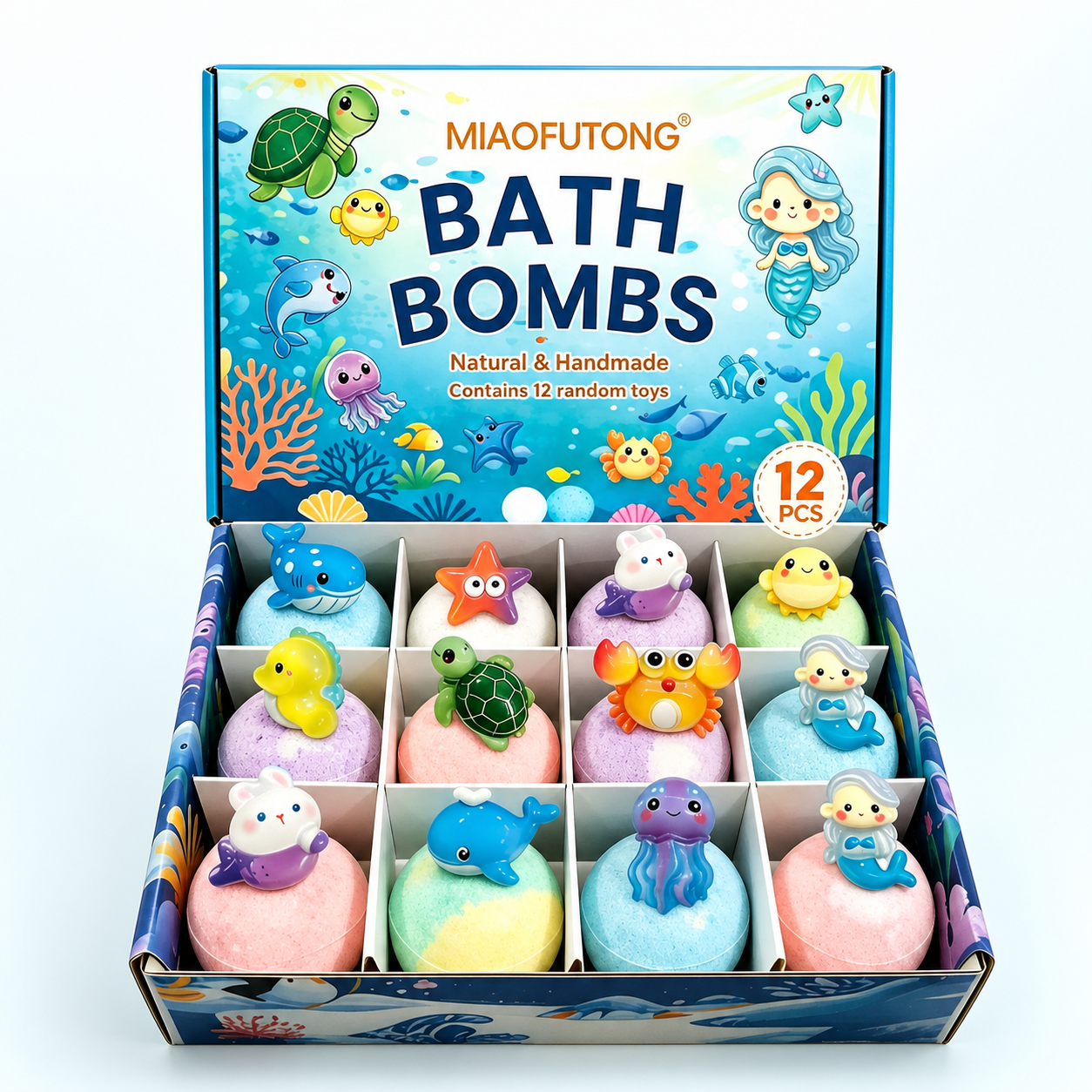 Ocean bath bomb gift set with 12 colorful bath bombs on a clean studio background